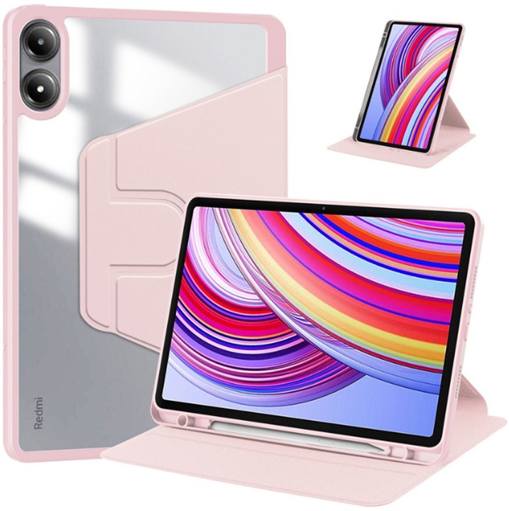 Калъф за таблет, за Redmi Pad Pro 12.1-инча / Xiaomi POCO Pad 12.1-инча, защитен калъф за таблет със слот за стилус, акрилен 360° въртящ се дизайн, автоматично събуждане/заспиване, прозрачен розов