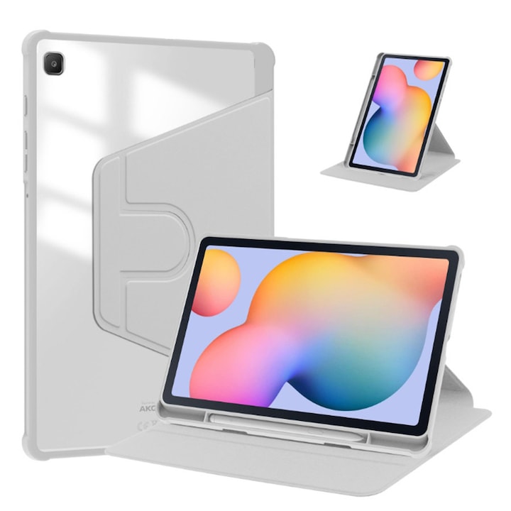 Husa tableta, pentru Samsung Galaxy Tab S6 Lite 2024, Casa de protectie pentru tablete cu slot pentru stilou, acrilic 360 ° design rotativ, trezire automata / somn, Gri transparent
