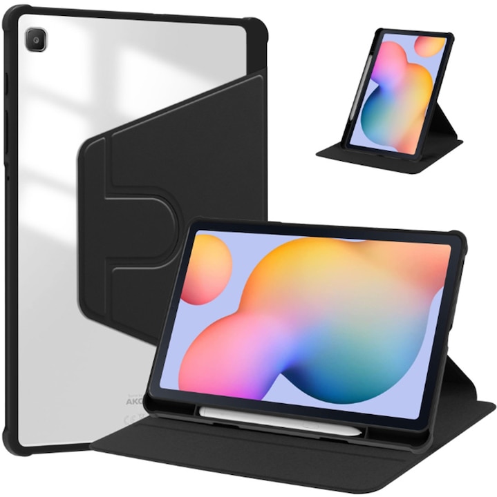 Husa tableta, pentru Samsung Galaxy Tab S6 Lite 2024, Casa de protectie pentru tablete cu slot pentru stilou, acrilic 360 ° design rotativ, trezire automata / somn, Negru transparent
