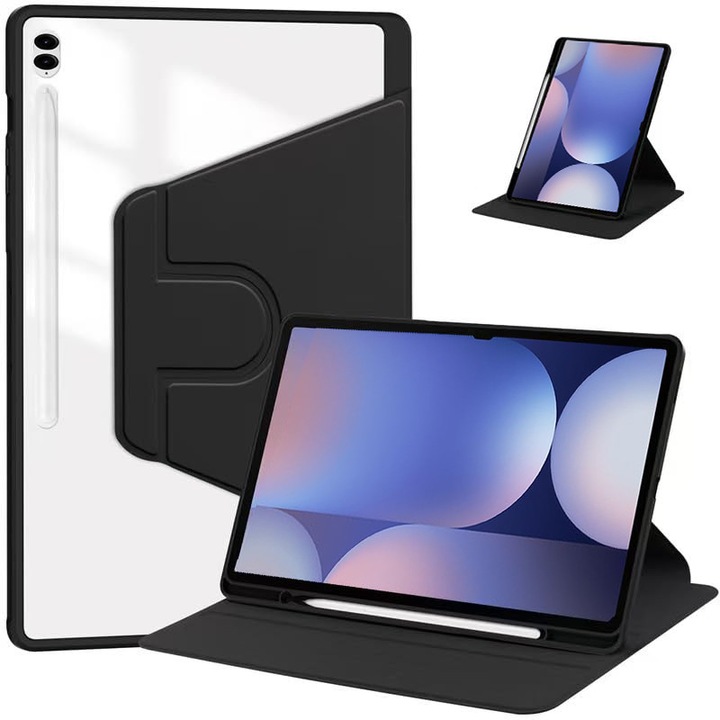 Tabletta tok Samsung Galaxy Tab S10+ készülékhez, védőtok tolltartóval, 360°-ban forgatható akril design, automatikus ébresztés/alvás, átlátszó fekete