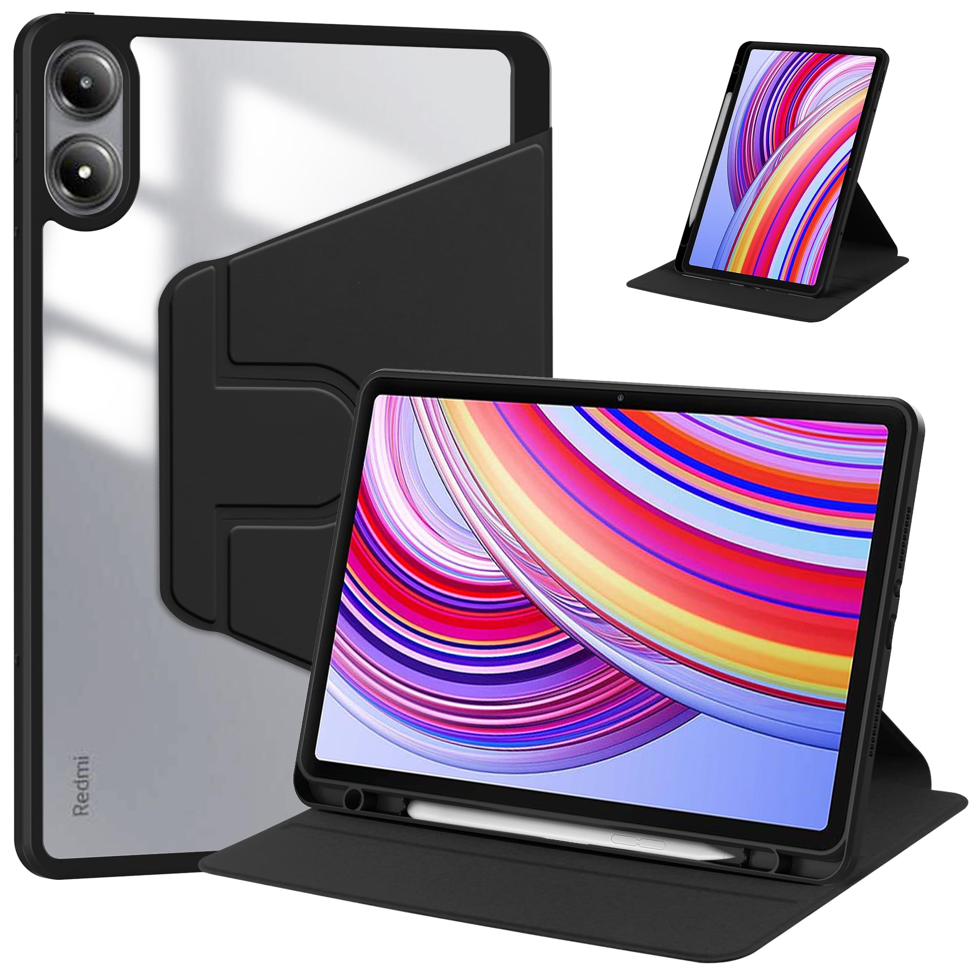 Husa tableta, pentru Redmi Pad Pro 12.1-Inch / Xiaomi POCO Pad 12.1-Inch, Casa de protectie pentru tablete cu slot pentru stilou, acrilic 360 ° design rotativ, trezire automata / somn, Negru transparent