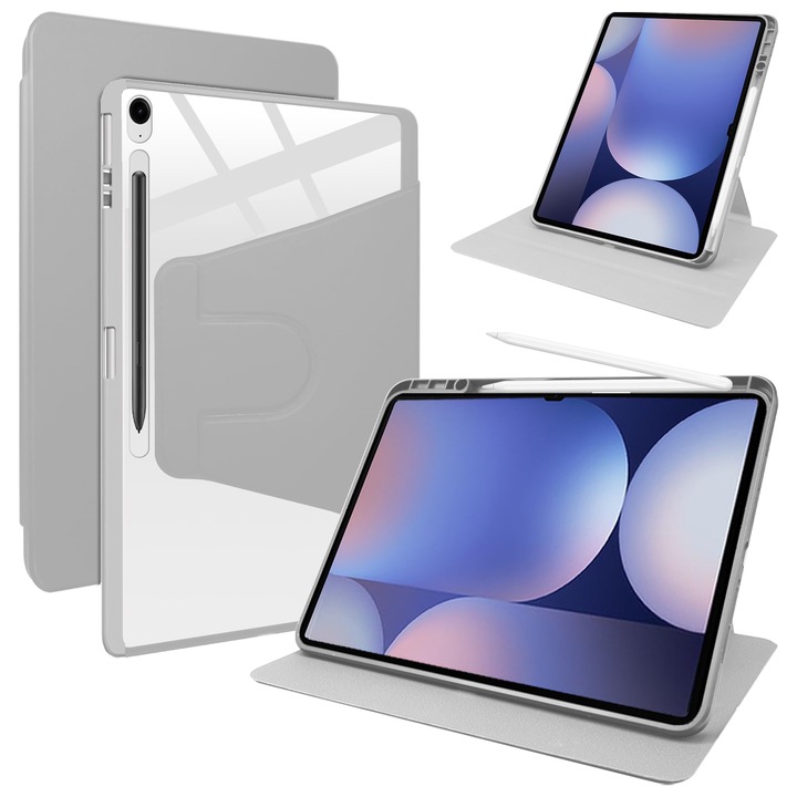 Husa tableta, pentru Samsung Galaxy Tab S9 FE, Casa de protectie pentru tablete cu slot pentru stilou, acrilic 360 ° design rotativ, trezire automata / somn, Gri transparent