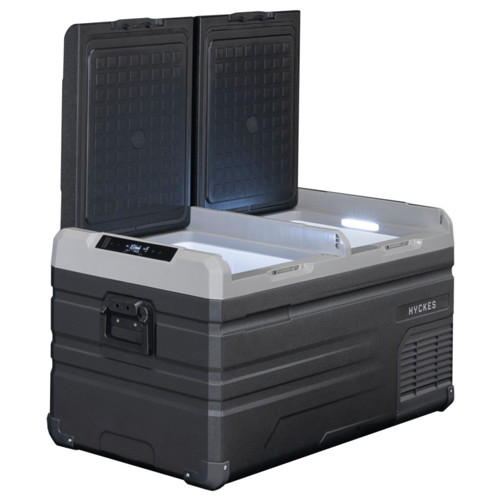 Преносим хладилник, хладилна кутия, с фризер, двузонов, с компресор, за къмпинг, каравана, кемпер, кола, модел HyCooler Pro 75 Dual Zone