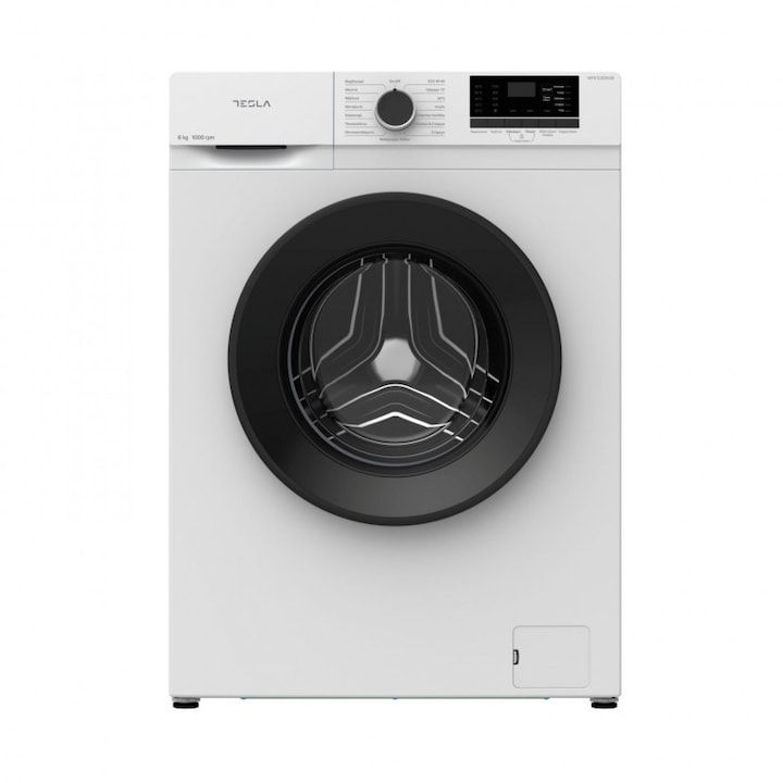 Пералня с предно зареждане Tesla WF61030K, 1950W, 6 кг, 1000 об/мин, 16 програми, Енергиен клас Е, LED дисплей, Заключване за деца, Бял/черен
