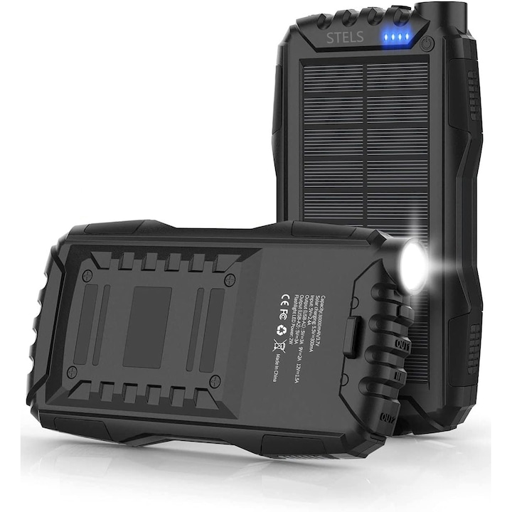 Преносима батерия STELS EnergyPlus 30K, PowerBank 30000mAh, соларен панел, LED фенер, черен