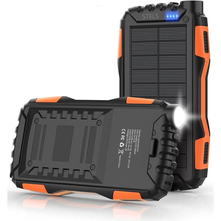 Преносима батерия STELS EnergyPlus 30K, PowerBank 30000mAh, соларен панел, LED фенер, оранжев/черен