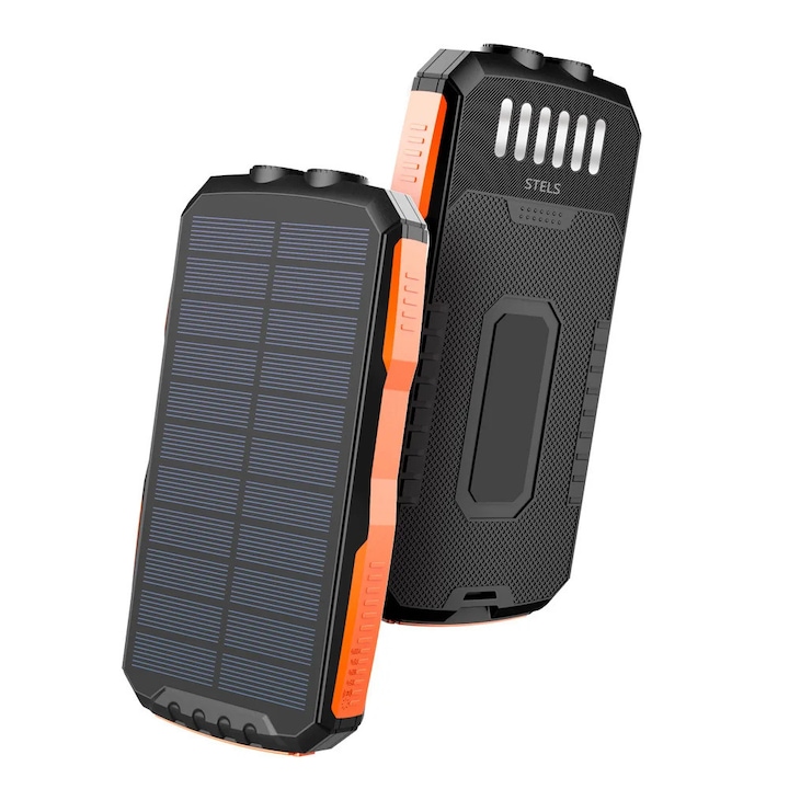 Baterie portabilă STELS SolarPro 16K, PowerBank 16000mAh, panou solar, încărcare wireless, lanternă LED, negru-portocaliu