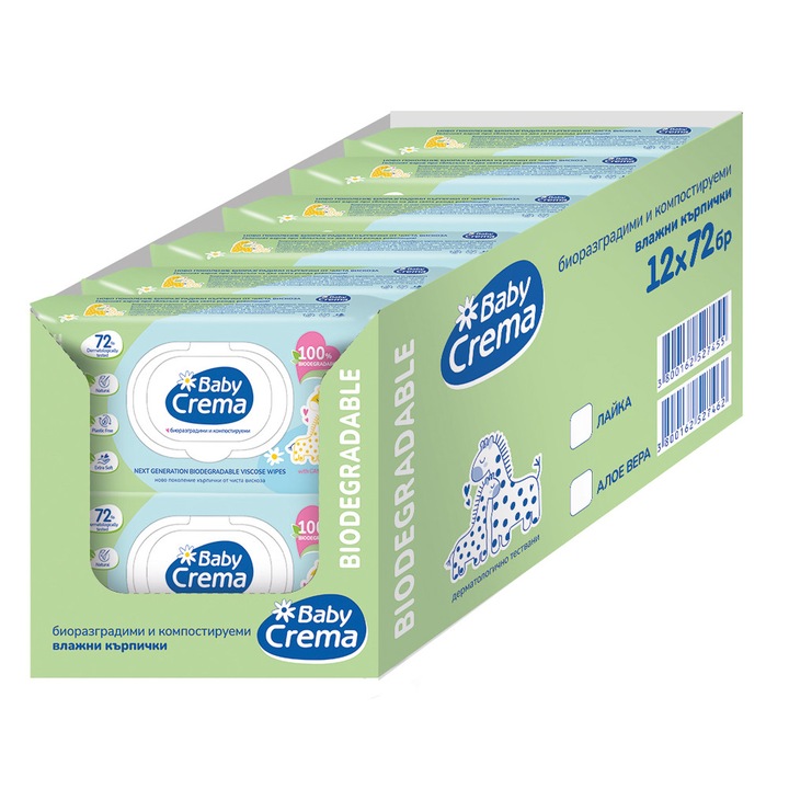Биоразградми мокри кърпички Baby Crema, С екстракт от Лайка и пантенол, 12 х 72 бр
