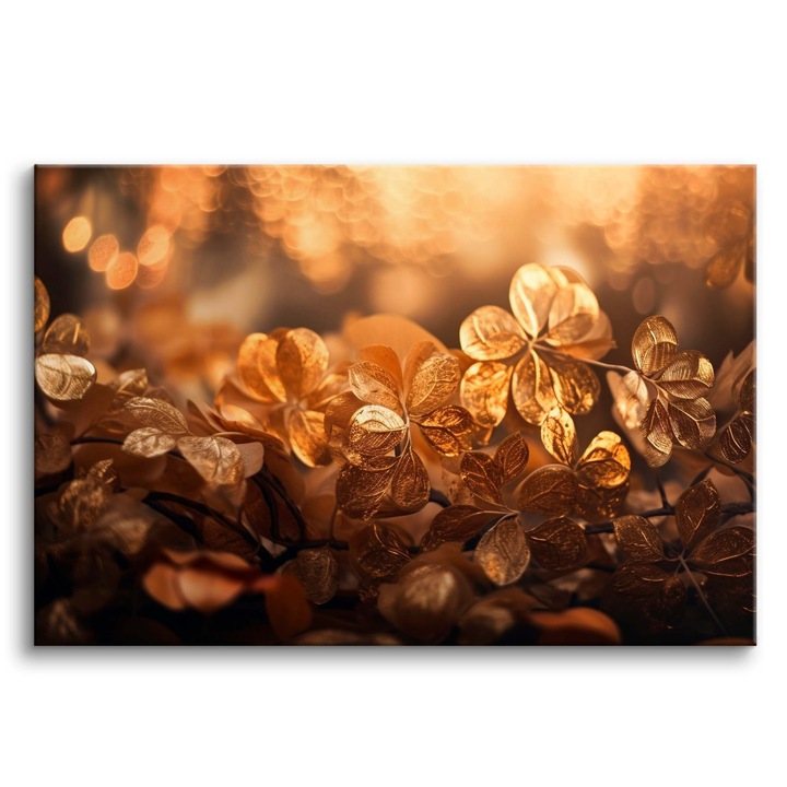 Falikép tartókkal, Dekoratív faldekoráció, Arany Levelek, 90x60 cm, Vízálló Nyomat, Ökológiai Tinta, 20 mm Vastag Fa Keret, Arany
