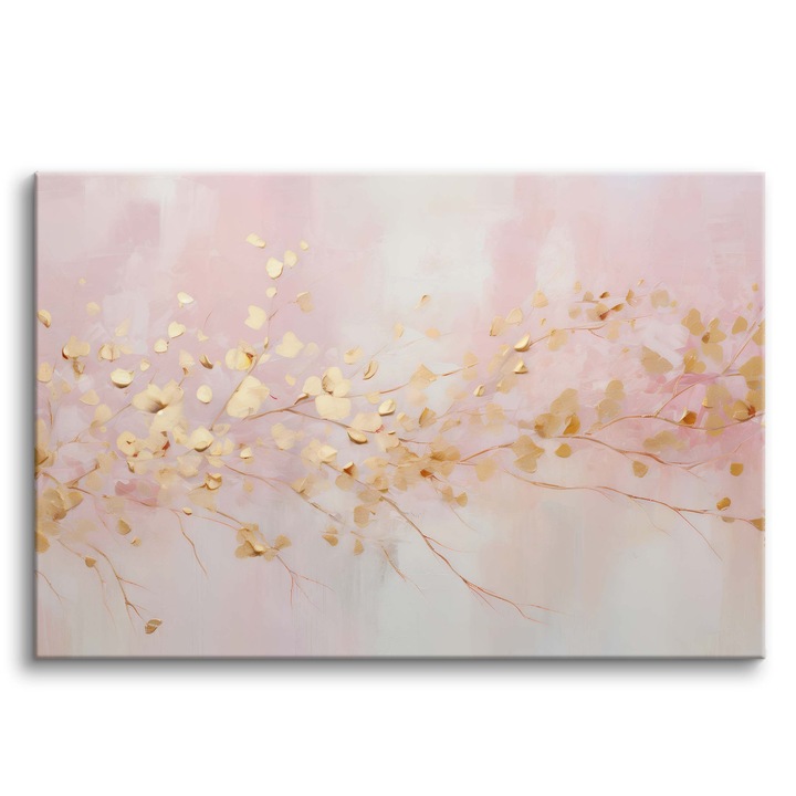 Pictura Pe Panza Cu Rama, Decowalls, Ramuri Aurii, 90x60 cm, Print Rezistent La Apa, Cernele Ecologice, Rama Din Lemn Cu Grosimea De 20 mm, Aurie/Roz