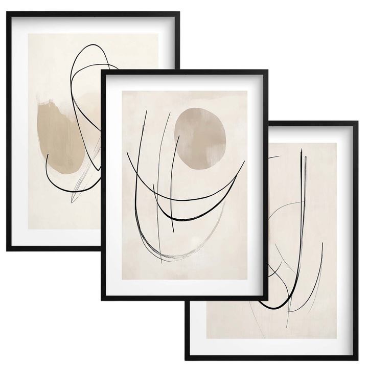Set Postere In Rama, Decowalls, Abstractie, 30x40 cm, Hartie Fotografica 240g, Rame MDF De Culoare Neagra, Plexiglas De Protectie In Loc De Sticla, Cleme Metalice Pentru Suspendare, Bej, 3 Postere