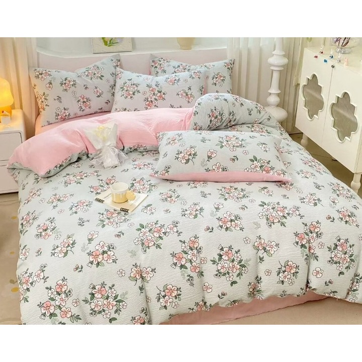 Lenjerie pat dublu, Cearsaf cu Elastic, 4 piese, 1 persoana, 140x200cm, Finet Creponat, Imprimeu Mini Buchet, Multicolor