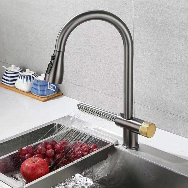 Baterie Bucatarie, FlexiJet, Design Modern, Dus Extractibil si Cascada, Sanlux