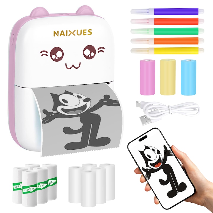 Мини преносим принтер, NAIXUES®, iOS и Android, Bluetooth, приложение за телефон, без термо мастило, вградена батерия 1000mAh, 13 ролки хартия за принтер плюс 5 акварелни маркера, приемат се както изображения, така и текстове, розов