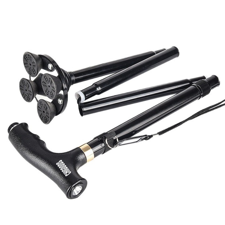 CHIGOODS, Сгъваем ортопедичен бастун за подпомагане, лек, регулируем, подходящ за двете ръце, от здрав алуминий, предлага стабилност и поддръжка до 150 кг, черен