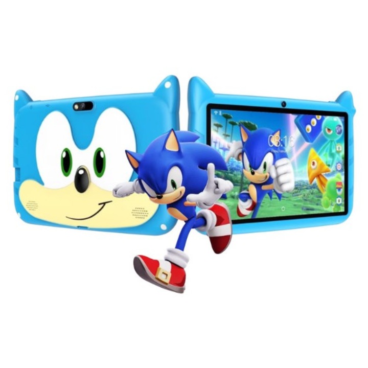 Tableta Educationala pentru Copii de 7 Inch, Carcasa Rezistenta cu Sonic, Android, 3-12 ani, 2 GB RAM, 32GB ROM, Camera Foto Dubla, Bluetooth, WiFi, Include folie de protectie + Stilou si 5 Jucarii pentru dezvoltare, Software preinstalat, Albastra