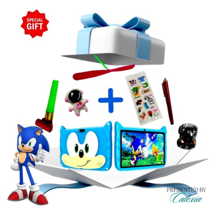 Tableta Educationala pentru Copii de 7 Inch, Carcasa Rezistenta cu Sonic, Android, 3-12 ani, 2 GB RAM, 32GB ROM, Camera Foto Dubla, Bluetooth, WiFi, Include folie de protectie + Stilou si 5 Jucarii pentru dezvoltare, Software preinstalat, Albastra