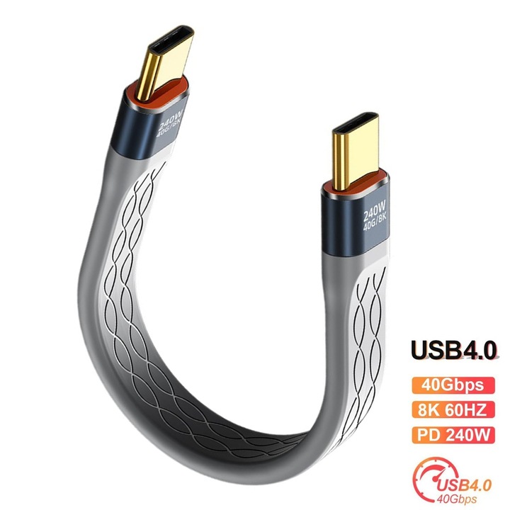 Rövid USB-C - USB-C adatkábel, 40 Gbps, 120 W gyorstöltés, 8K videó, 13 cm, rugalmas TPE, szürke, kompatibilis iPhone 15/MacBook/Android/PC készülékekkel, YakiHoki