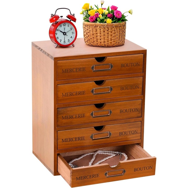 Organizator vintage pentru birou de acasa Taotigzu, cu 5 sertare, comoda rustica, cutie de depozitare din lemn, suprapozabila, pentru birou, Organizator sertar Lemn