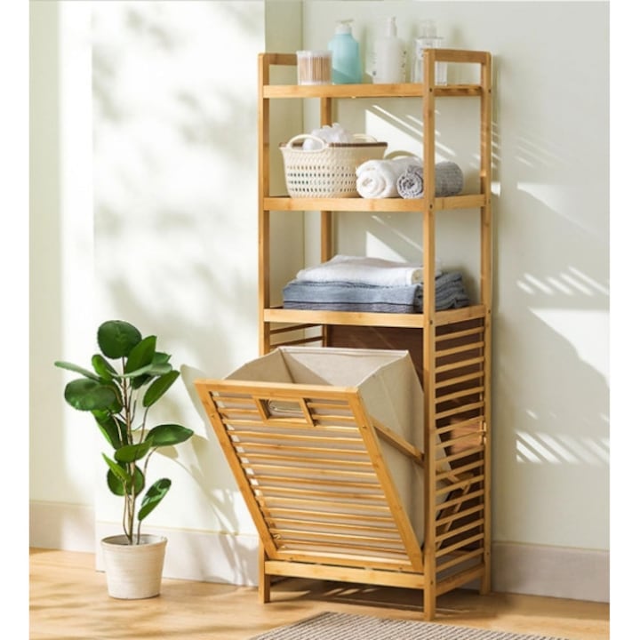 Raft organizare Taotigzu, Cos de rufe rabatabil, cu 3 rafturi si sac detasabil, organizator haine, suport de podea pentru baie, spalatorie si dormitor, Bambus, 40×30×119cm