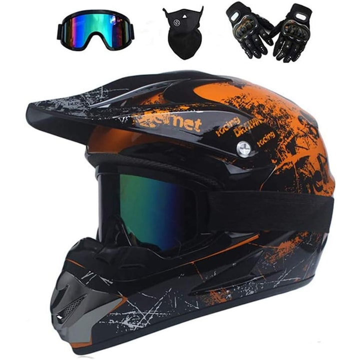 Casca Mountain Bike cu ochelari, manusi, viziera, portocaliu, set Motocross pentru, Portocaliu, M