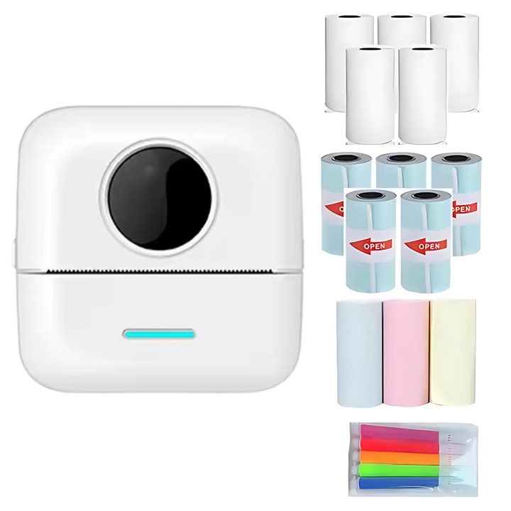 Mini Imprimanta Termica Portabila BMSIFY®, 13 role hartie, carioci, Bluetooth, compatibila iOS/Android, fara cerneala, 1200mAh, 200dpi, aplicatie Tiny Print, design compact pentru copii/adulti