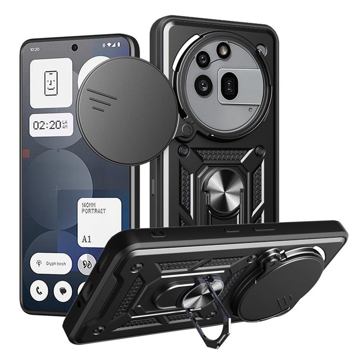 Калъф за телефон, за Nothing Phone (3a) Pro, плъзгащ се капак на обектива на камерата, въртящ се на 360° пръстен, черен