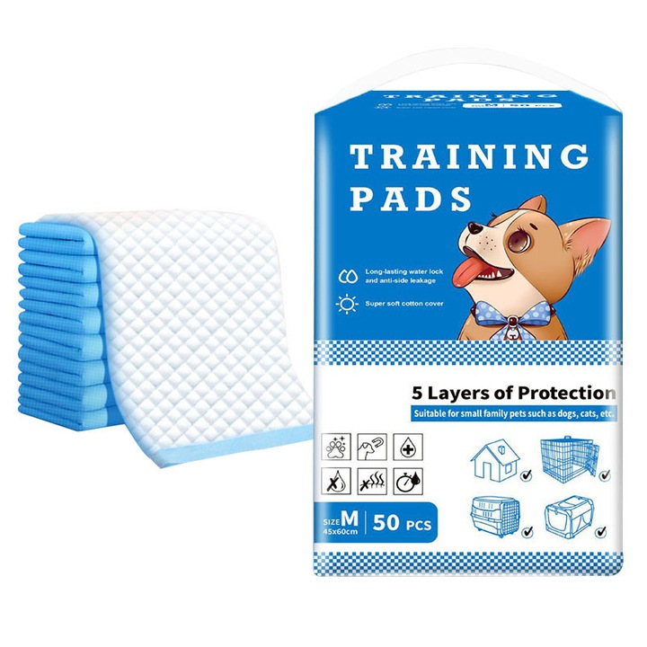 Set 50 covorase igienice absorbante pentru caini NAXSIR, 45x60 cm, albastru/alb, absorbtie rapida, margini sigilate, anti-scurgere, neutralizeaza mirosurile