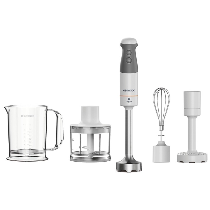 Kenwood Kitchen Appliances Triblade Xl Hbm40.306Wh Blender De Mana, Blender Cu Imersie, Baza Detasabila Din Otel Inoxidabil Si Lama Cu 3 Lame Pentru Mixare Mai Rapida, 850 W, Alb/Gri