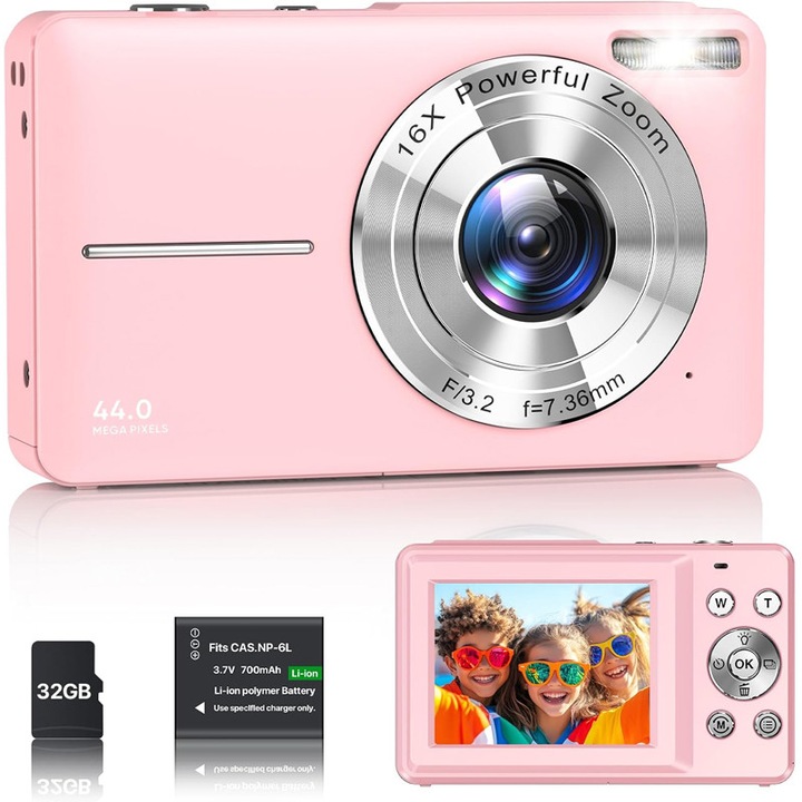 Camera digitala compacta Rqiurpn 1080P, 44MP, zoom digital 16x, card micro 32G, Aparat foto de buzunar, aparat foto pentru copii, roz