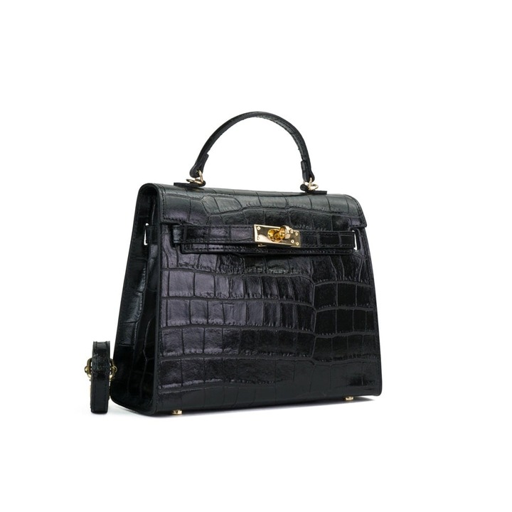 Poseta Piele Thea Croco - Negru, Geanta Casual din Piele Naturala, Geanta, Genti