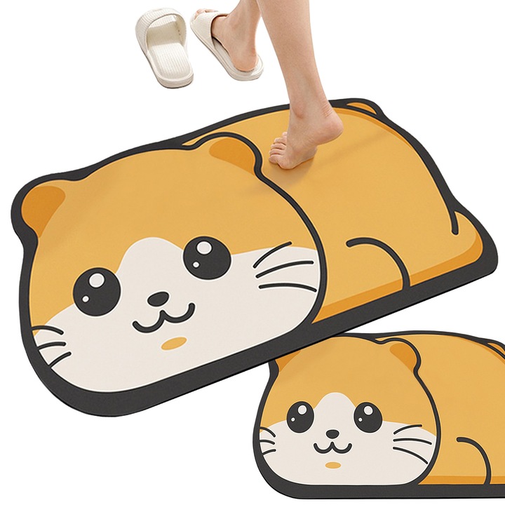 Covoras baie din namol diatomit, antiderapant, absorbant, uscare rapida, 40x60cm, Poliester, Lavabil la masina de spalat, Calitete Premium, Galben, alb, Covorase moi si confortabile, Grosime 3 mm, BATH-HAMSTER