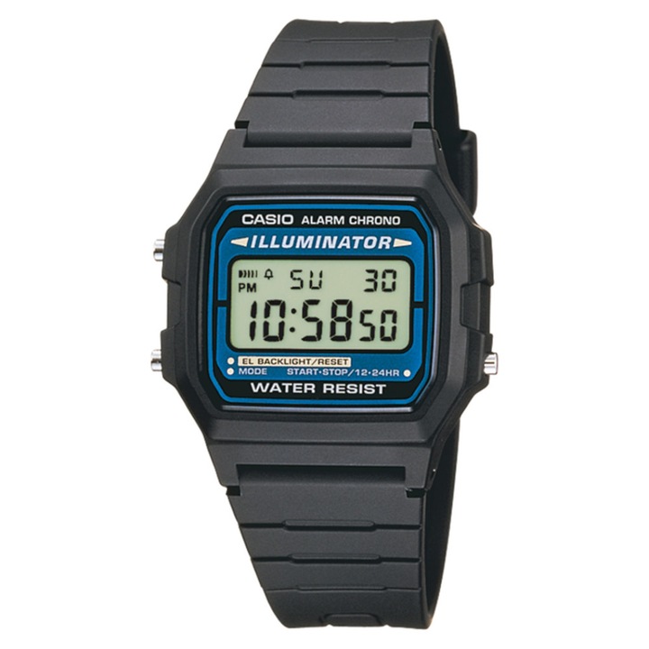 Ceas barbatesc Casio F-105W-1AWY, negru, 37x9mm, curea din piele, rezistent la apa 30m