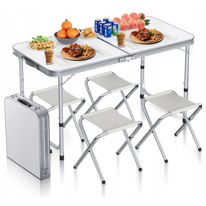 Сгъваем комплект туристическа маса и 4 стола, Zola, сгъваем тип куфар, алуминиева рамка, неплъзгащи се крачета, регулируема височина, размери 120 x 60 x 54/60/70 см, 27 x 32,5 x 35,5 см, максимално поддържано тегло 80 кг, бял