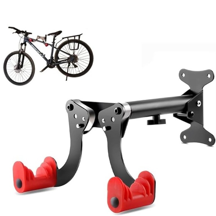Suport de perete pentru bicicleta, Zola, 2 brate, ajustabile 19-37 cm, antiderapante, otel, accesorii de montare incluse, 37 x 17.5 cm, negru/rosu