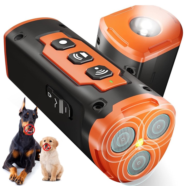 Dispozitiv anti-latrat pentru caini, 3 emisere audio, raza 10m, iluminare puternica exterior, forme de unda multiple, 25kHz, 1 luna standby, portabil – solutie ideala antrenament/alungare caini
