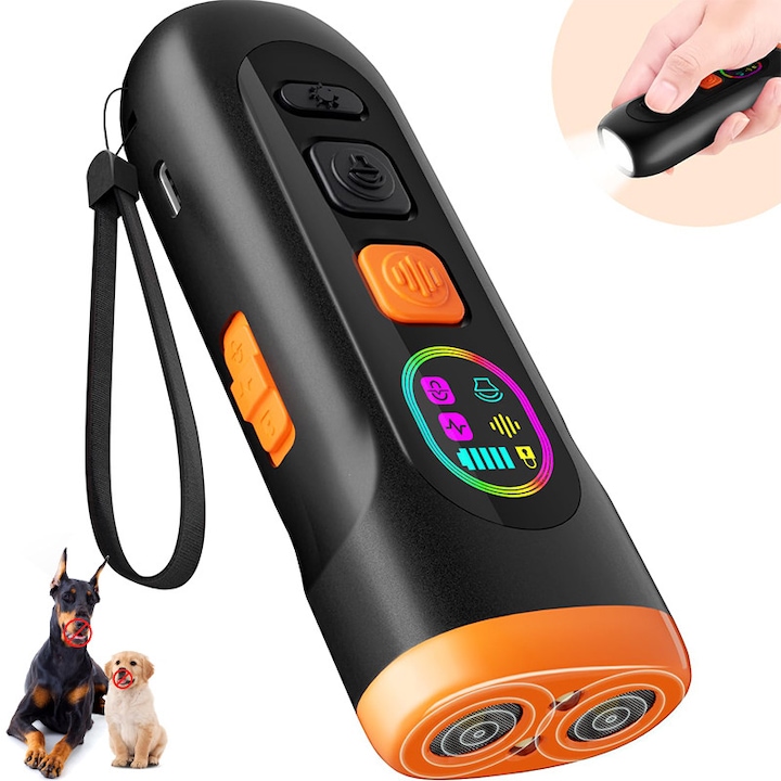 Kutyaugatásgátló eszköz, szónikus kibocsátó, 10 méteres hatótávolság, LED fény, 25 kHz, színes kijelző, 1 hónap üzemidő, hordozható, ideális kutyák kiképzésére és elriasztására bármikor