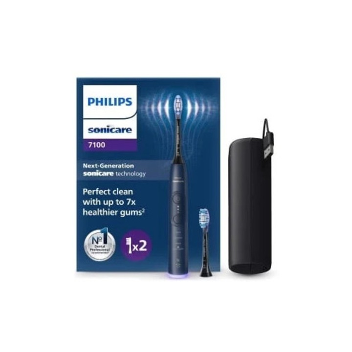 Електрическа четка за зъби Philips Sonicare 7100, звукова четка за зъби с приложение, 4 режима на миене и 3 нива на интензивност, контрол на налягането, EasyStart, SmarTimer и BrushPacer, тъмносиня, модел HX7423/01