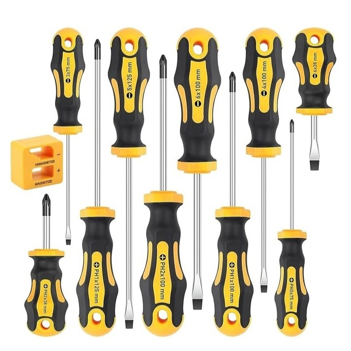 10 darabos mágneses csavarhúzó készlet, Zola, egyenes és kereszt, különböző méretek 38-125 mm, ergonomikus fogantyúk, króm-vanádium acél