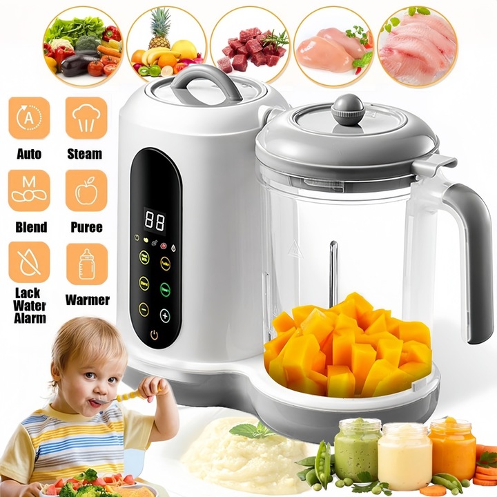 Blender pentru alimente pentru bebelusi, Aparat De Gatit Cu Aburi Pentru Bebelusi, Excitat®, Lama din otel inoxidabil, 450W, 50~400ml, afisaj digital LED, Panou Tactil, 4 functii, reglaj cu 2 viteze, detasabil si lavabil, Alb Gri