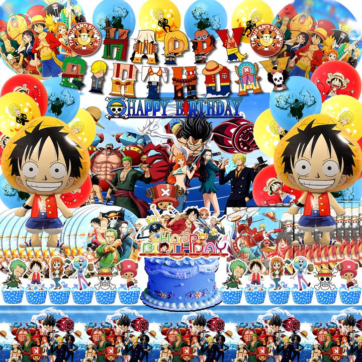 Комплект за парти декорация, One Piece, One Piece декорации за торта, One Piece парти аксесоари, латексови балони, украса за торта, фон, банер, прибори за хранене