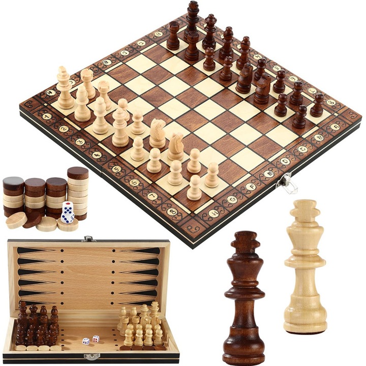 Комплект за игра 3 в 1, Rqiurpn, дървена шахматна дъска, 39x39 см, преносим, сгъваем, за семейство и дейности