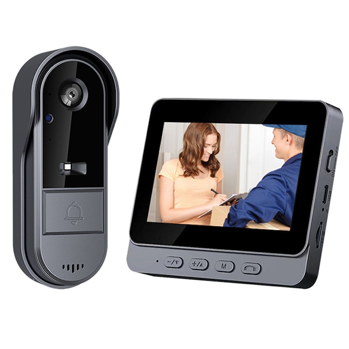 Sonerie video wireless, Rqiurpn, kit cu monitor, 1080P, audio bidirectional, vizibilitate 170°, Detectare Miscare, IP65, Baterie Li-Ion 1000 Ah, pentru exterior, USB-C, Usor De Instalat, Accesorii Incluse, Negru