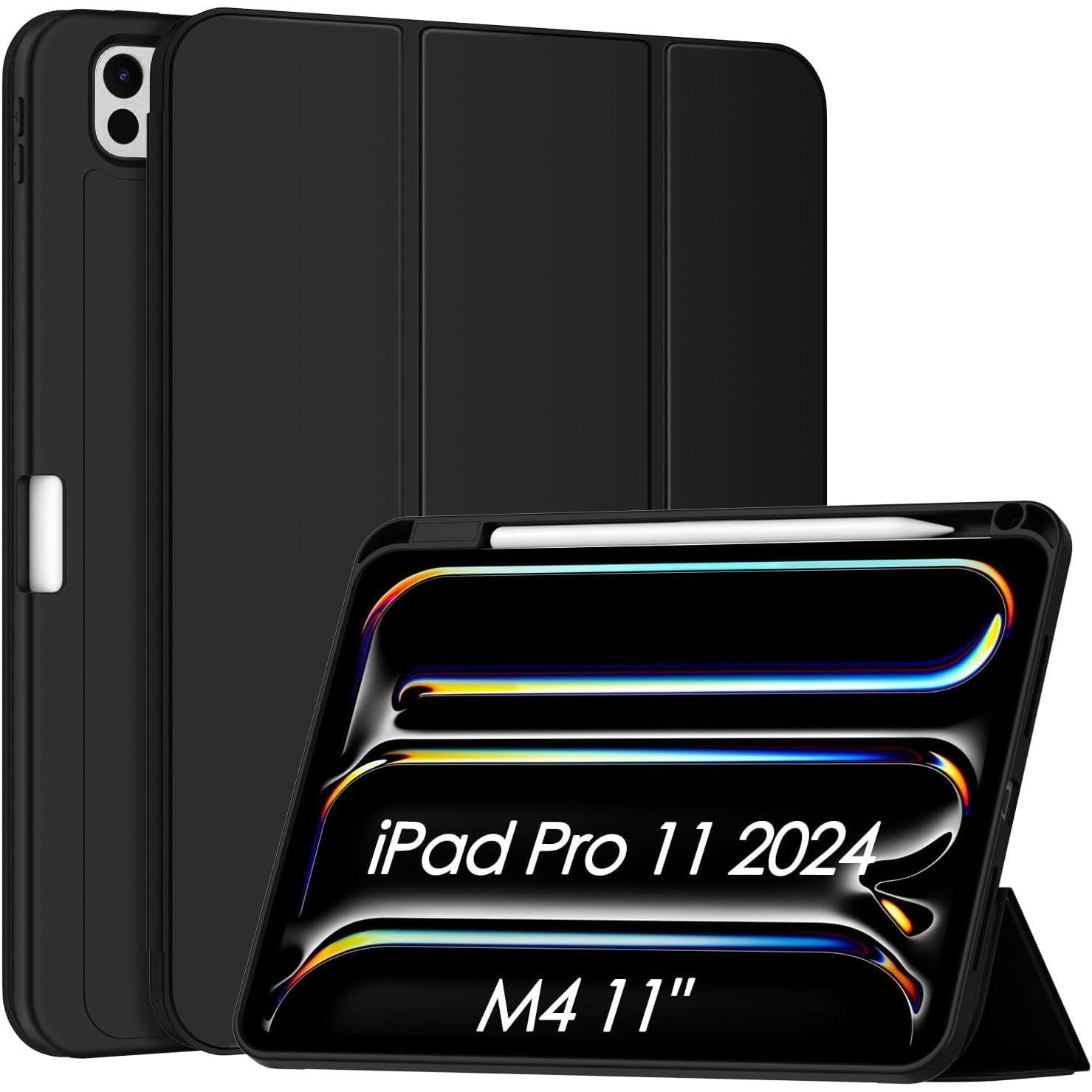 Husa pentru iPad Pro 11 inch M4 2024, cu suport pentru creion, spate plin, cu Auto Wake Sleep-neagra