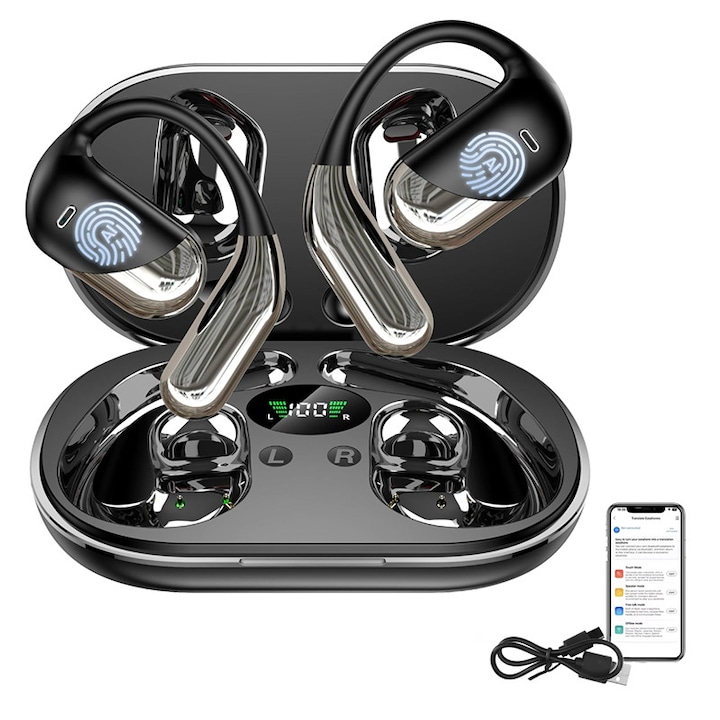 Casti cu traducere in timp real cu inteligenta artificiala, suport in timp real pentru 144 de limbi, casti Bluetooth wireless 3 in 1 cu capac spate deschis si cutie de incarcare, compatibile cu iOS si Android