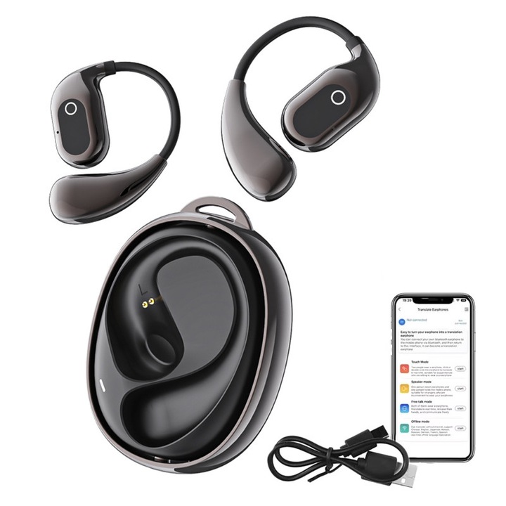 Casti de traducere inteligenta AI, traducere in timp real, 144 de limbi, suport romana, bulgara, maghiara, Bluetooth 5.4, potrivit pentru calatorii in strainatate si munca de afaceri, Negru （A01）