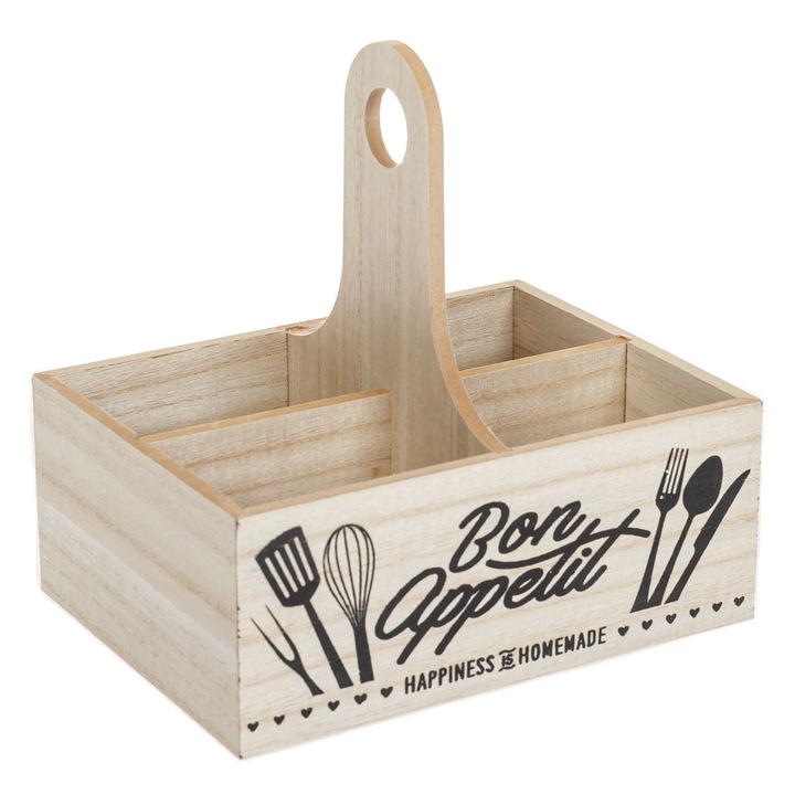 Fából készült konyhai rendszereződoboz 4 rekesszel "bon appetit" 20x15x20cm