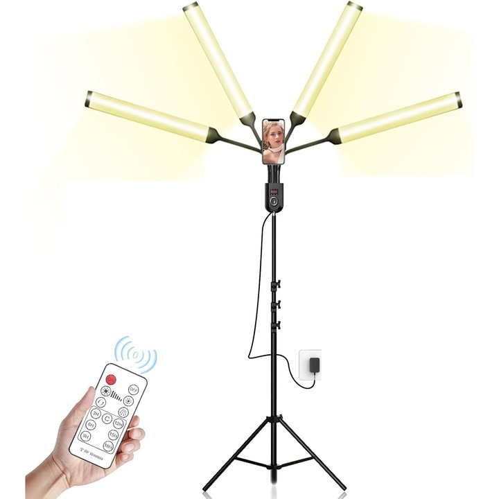 Lumina de umplere LED cu trepied, WALALLA, 4 tuburi, Inaltime reglabila, 3 moduri de iluminare, 11 ajustari de luminozitate, 3000K-6000K, 6 functii de memorare a timpului, cu comutator de la distanta, Negru