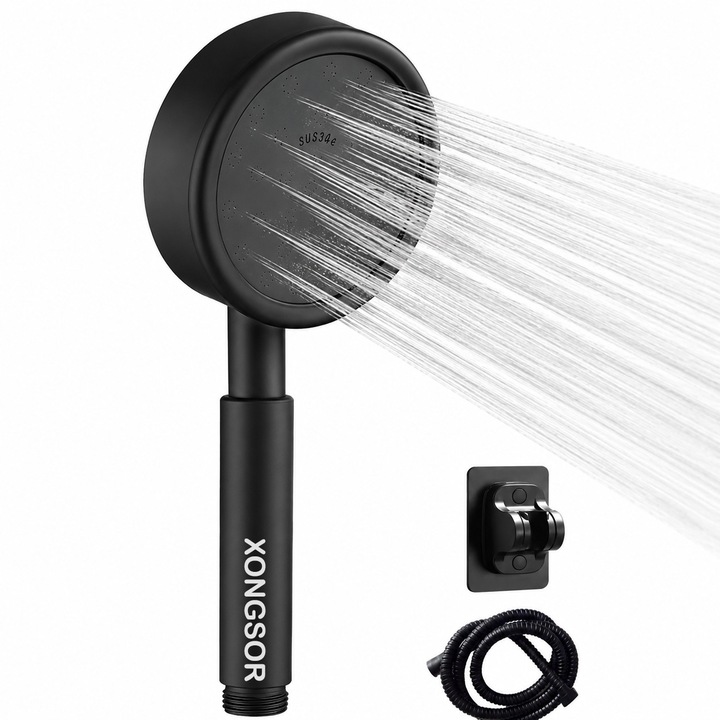 Para de dus, XONGSOR®, 304 inox, 2M, Design Minimalist, Presiune Puternica, Furtun Flexibil si Suport Perete Incluse, Finisaj Anti-Calcar, anti-rugina, Negru sau argintiu