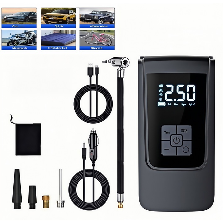 Pompa electrica portabila, dotata cu afisaj LCD digital si lanterna LED., potrivit pentru pneurile de masini, motociclete si biciclete, saltele gonflabile si mingi. Culoare: negru. Dimensiuni: 16 x 8,2 x 4,5 cm